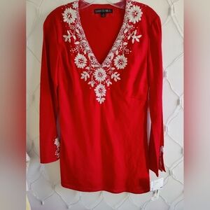 Lafayette 148 Tunic Blouse • Bright Red • White Embroidery • Beaded • Size 4